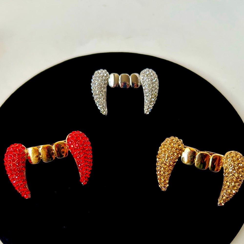 Gold, Red, Crystal Rhinestone Gold Fang Rings